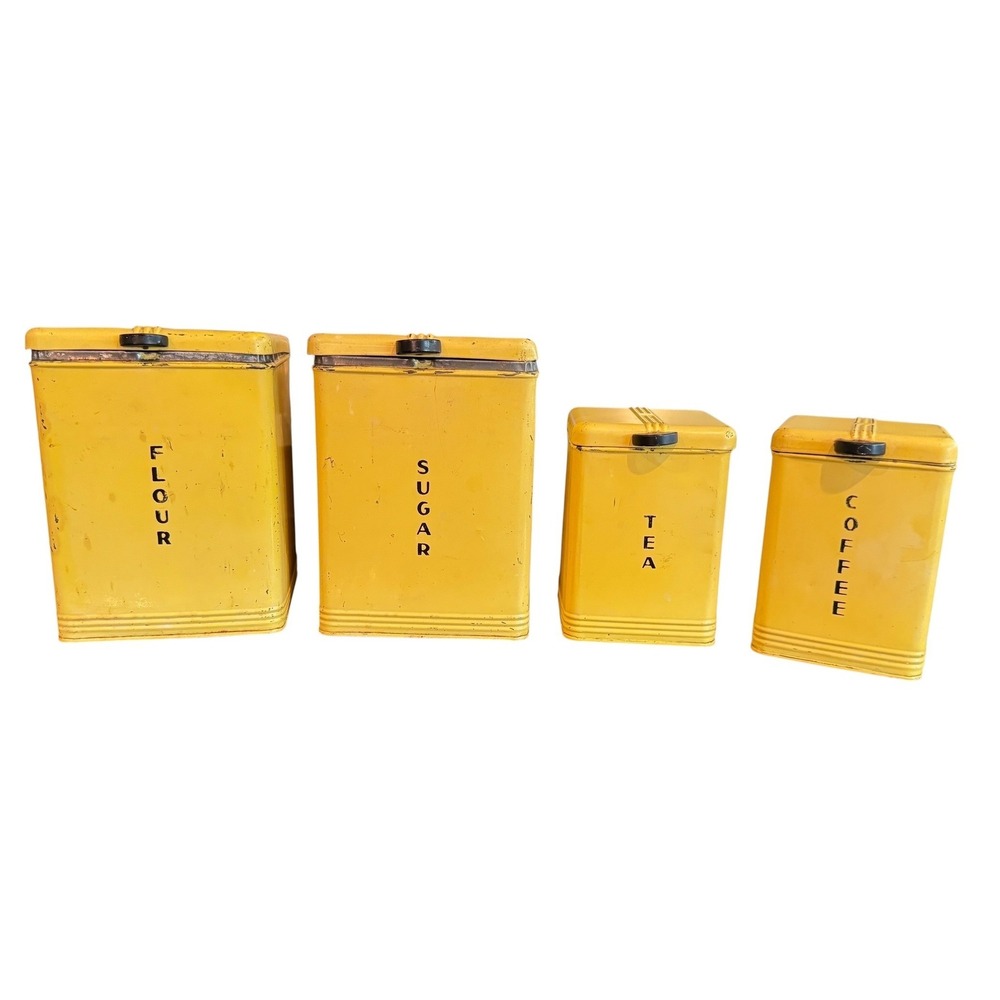 Vintage Kreamer Yellow Metal Kitchen Canister Set of 4 Flour Sugar Coffee Tea